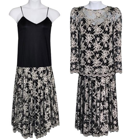 Vintage Pat Richards Black Evening Dress Size 14 Maiello Midi White Lace Holiday - Picture 1 of 16